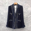 [EWQ] Korea Chic Temperament Navy Blazer Women's Autumn 2022 V-neck Loose Long Sleeve Tweed Jacket Female 16E3190