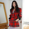 [EWQ] Korea Chic Temperament Red Blazer Women Autumn 2022 Notched Plaid Loose Single Button Long Sleeve Suit Jacket 16E3220