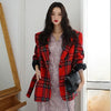 [EWQ] Korea Chic Temperament Red Blazer Women Autumn 2022 Notched Plaid Loose Single Button Long Sleeve Suit Jacket 16E3220