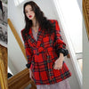 [EWQ] Korea Chic Temperament Red Blazer Women Autumn 2022 Notched Plaid Loose Single Button Long Sleeve Suit Jacket 16E3220