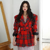 [EWQ] Korea Chic Temperament Red Blazer Women Autumn 2022 Notched Plaid Loose Single Button Long Sleeve Suit Jacket 16E3220