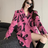 [EWQ] Korea Chic Temperament Rose Red Blazer Women Autumn 2023 Notched Loose Double Breasted Split Long Sleeve Suit Jacket