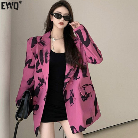 [EWQ] Korea Chic Temperament Rose Red Blazer Women Autumn 2023 Notched Loose Double Breasted Split Long Sleeve Suit Jacket
