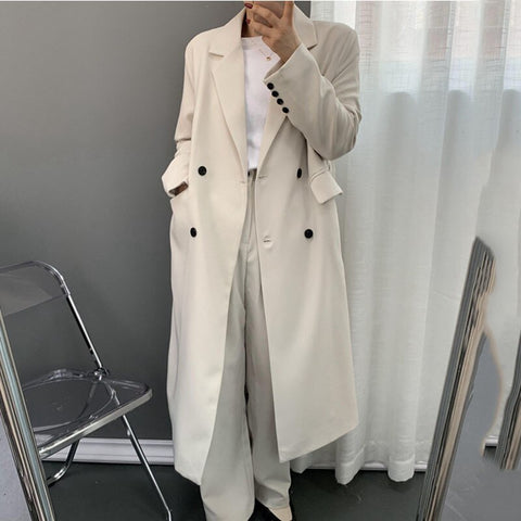 [EWQ] Korea Chic Temperament White Blazer Women's Autumn 2022 Notched Loose Double Breasted Long Sleeve Long Suit Jacket