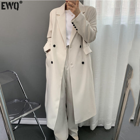 [EWQ] Korea Chic Temperament White Blazer Women's Autumn 2023 Notched Loose Double Breasted Long Sleeve Long Suit Jacket