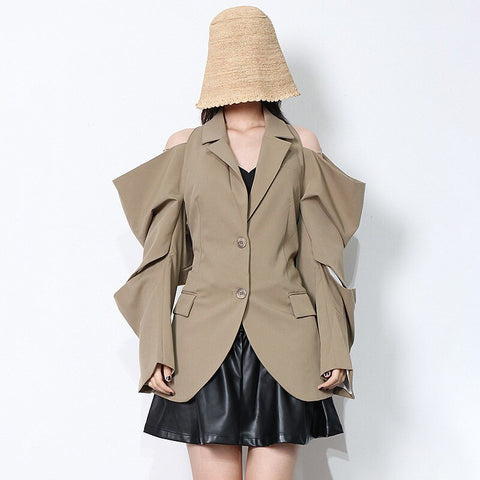 [EWQ] Korea Chic Women Coat 2022 Winter Off Shoulder Chain Splicing Slim Two Button Short Blazer Suit Female 16R409