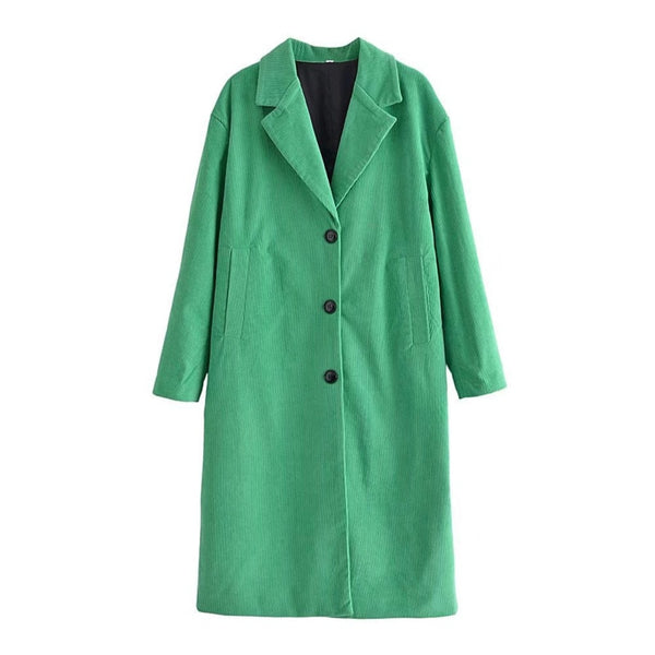 [EWQ] Korea Chic Women's 2022 Autumn Winter Loose Jade Green Light Core Corduroy Single Breasted Long Sleeve Coat 16E4903