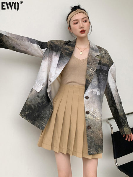 [EWQ] Korea Coats Painting Printing Suit Jacket Loose Single Breasted Design Long Sleeve Causal Blazer 2023 Autumn 16Y1144