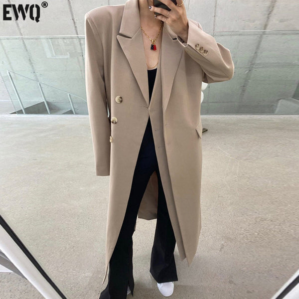 [EWQ] Korean Chic Autumn Winter Suit Collar Double Placket Design Loose Knee Length Black Suit Coat Women 2023 16E4543