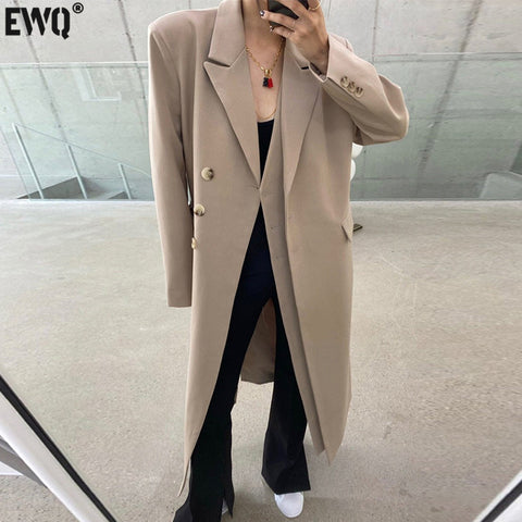 [EWQ] Korean Chic Autumn Winter Suit Collar Double Placket Design Loose Knee Length Black Suit Coat Women 2023 16E4543