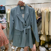 [EWQ] Korean Chic Ladies Mid-length Bandage Blazer Blue Clothing 2022 Autumn Simple Long Sleeve Coats 16W1587