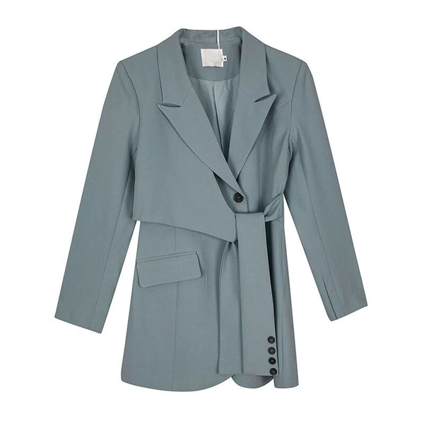[EWQ] Korean Chic Ladies Mid-length Bandage Blazer Blue Clothing 2022 Autumn Simple Long Sleeve Coats 16W1587