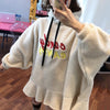[EWQ] Korean Chic Winter Aging Hoodie Drawstring Embroidery Letter Loose Lamb Wool Ruffle Short Dress Women 2022 16R388
