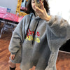 [EWQ] Korean Chic Winter Aging Hoodie Drawstring Embroidery Letter Loose Lamb Wool Ruffle Short Dress Women 2022 16R388