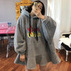 [EWQ] Korean Chic Winter Aging Hoodie Drawstring Embroidery Letter Loose Lamb Wool Ruffle Short Dress Women 2022 16R388