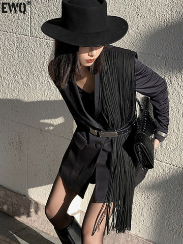 [EWQ] Korean Black Jacket Patchwork Tassels Suits Women Notched Collar Long Sleeve Office Lady Blazer 2023 Autumn New