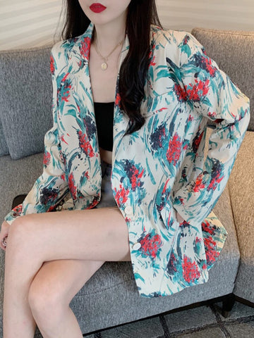 [EWQ] Korean Medium Long Floral Printed Design Blazers Women Spring 2022 Notched Single Breasted Suit Coat 16R1706