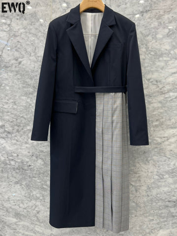 [EWQ] Korean Office Lady Notched Collar Lace Patchwork Plaid Contrast Color Long Blazer Coat Women 2023 Autumn Trend