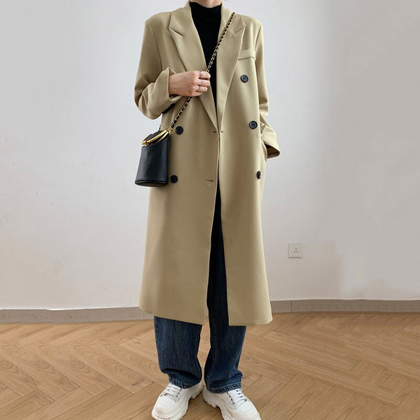 [EWQ] Korean Temperament Solid Color Medium Long Blazers Women 2022 Notched Double Breasted Suit Jacket Autumn Winter 16R804