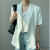 [EWQ] Minimalism Women Black Casual Linen Blazer Notched Short Sleeve Loose Fit Jacket Tide Autumn Summer 2023 F0485