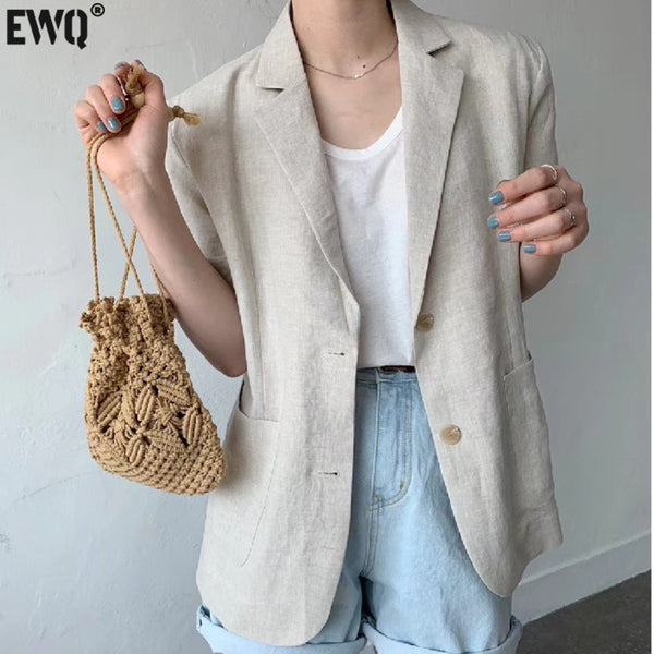 [EWQ] Minimalism Women Black Casual Linen Blazer Notched Short Sleeve Loose Fit Jacket Tide Autumn Summer 2023 F0485