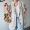 [EWQ] Minimalism Women Black Casual Linen Blazer Notched Short Sleeve Loose Fit Jacket Tide Autumn Summer 2023 F0485