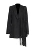 [EWQ]Minority Design Black Tassel Asymmetric Suit Coat 2023 Summer V-Neck Long Sleeve Medium Long Office Lady Blazer 16Y1065