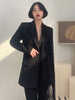 [EWQ]Minority Design Black Tassel Asymmetric Suit Coat 2023 Summer V-Neck Long Sleeve Medium Long Office Lady Blazer 16Y1065
