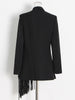 [EWQ]Minority Design Black Tassel Asymmetric Suit Coat 2023 Summer V-Neck Long Sleeve Medium Long Office Lady Blazer 16Y1065