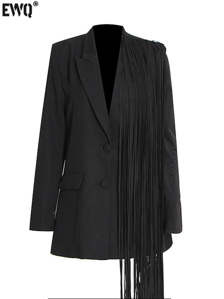 [EWQ]Minority Design Black Tassel Asymmetric Suit Coat 2023 Summer V-Neck Long Sleeve Medium Long Office Lady Blazer 16Y1065
