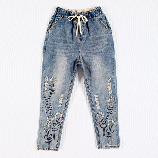 [EWQ] New Summer FashionHole Embroidery Elastic Waist Drawstring Jeans big Size loose denim Pants women QD162