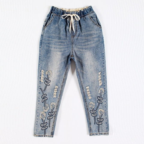 [EWQ] New Summer FashionHole Embroidery Elastic Waist Drawstring Jeans big Size loose denim Pants women QD162