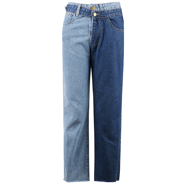 [EWQ] New Summer Autumn Fashion High Waist Patchwork Contrast Color Detachable Jeans Straight Denim Pants Women SC086