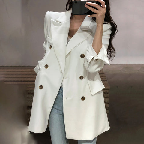 [EWQ] Notched Collar Long Sleeve Casual Blazer Korean Trend Double Breasted Loose Ladies White Coats 2022 Autumn Tide QK785