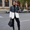[EWQ] Notched Long Sleeve Patchwork Casual Blazers Female 2022 Autumn Korean Hit Color Coat PU Leather Jacket For Women
