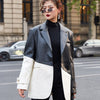 [EWQ] Notched Long Sleeve Patchwork Casual Blazers Female 2022 Autumn Korean Hit Color Coat PU Leather Jacket For Women