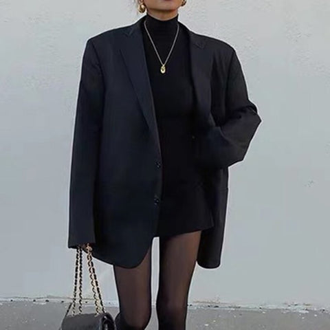 [EWQ] Retro Wide Shoulder Solid Color Simple Blazers Spring 2022 Women Notched Single Breasted Long Sleeve Suit Coat 16R1215