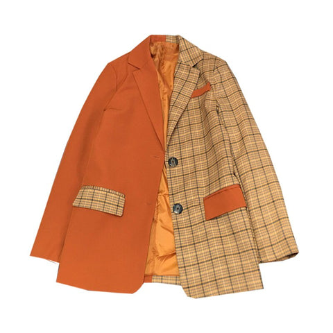 [EWQ] Spring 2022 Women'Vintage Blazer British Check Color Matching Plaid  Jacket Contrast Color Casual Small Suit Women