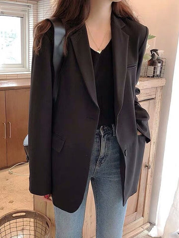 [EWQ] Spring 2022 Korean Solid Color Blazers Women Notched Single Breasted Medium Long Thin Preppy Style Suit Coat 16R1705