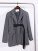 [EWQ] Streetwear Notched Collar Single Breasted Hem Slit Belt Design Trend Ladies Clothing Gray Blazer Coat Women 2023 Autumn