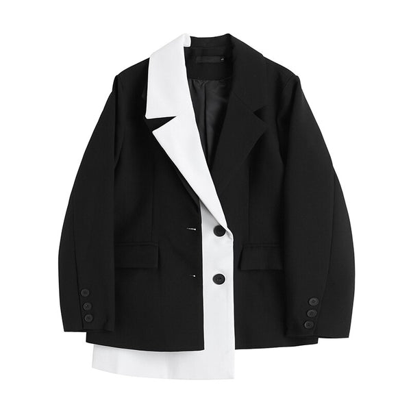[EWQ] Summer Korea Chic Casual Overcoats Black And White Irregular Contrast Color Loose Suit Women Blazer 2022 16W1063