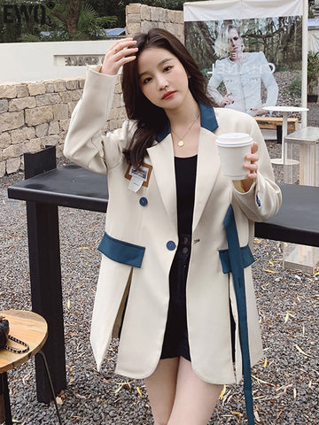 [EWQ] Sweet Loose Ladies Clothing Notched Neck Patchwork Blazer Women Casual Long Sleeve White Coat 2023 Autumn Female Suit T147