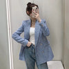 [EWQ] Temperament Blue Texture Design Blazers Women Spring 2022 Notched Double Breasted Suit Coat Female 16R1151