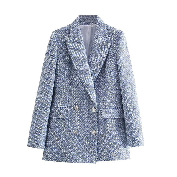 [EWQ] Temperament Blue Texture Design Blazers Women Spring 2022 Notched Double Breasted Suit Coat Female 16R1151