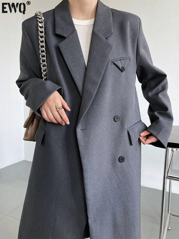 [EWQ] Temperament Simple Medium Long Solid Color Blazers Women Autumn 2023 Notched Single Breasted Suit Coat 16R2088