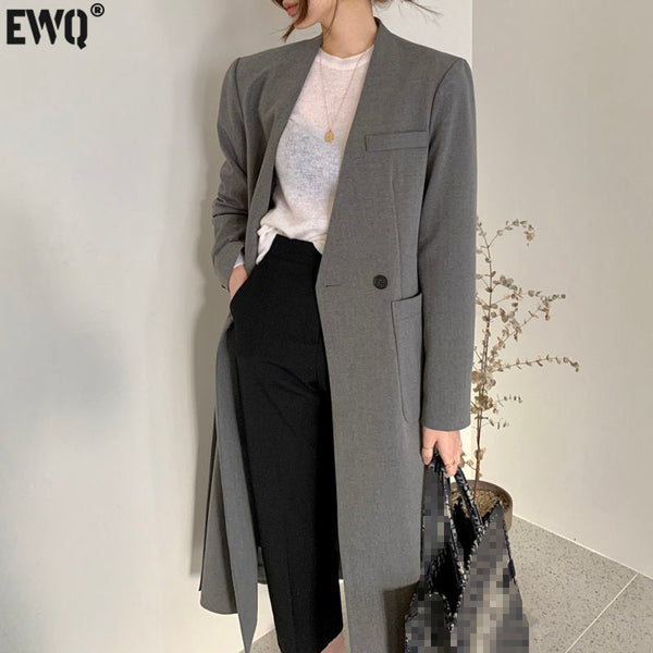 [EWQ] Temperament Solid Color Blazer Women's Autumn 2023 Casual V-neck Loose Long Sleeve Split Suit Coat 5E2934