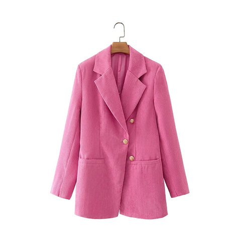 [EWQ] Temperament Simple Red Corduroy Blazers Spring 2022 Women Notched Personality Single Breasted Suit Coat Tide 16R1147