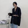 [EWQ] Tide Autumn 2022 Female Sashes Black Button Turn-down Collar Long-sleeved Blazer Coat Single Breasted Loose Blazer Top