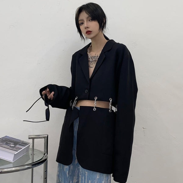 [EWQ] Tide Autumn 2022 Female Sashes Black Button Turn-down Collar Long-sleeved Blazer Coat Single Breasted Loose Blazer Top