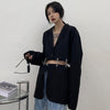 [EWQ] Tide Autumn 2022 Female Sashes Black Button Turn-down Collar Long-sleeved Blazer Coat Single Breasted Loose Blazer Top